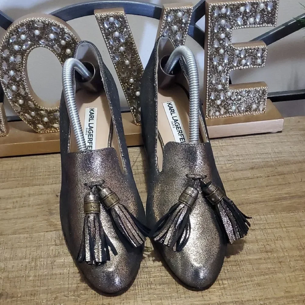 Karl Lagerfeld Mae Chunky Heel Bronze Gold Sparkly Tassel Shoes Sz 6M Euro Chic